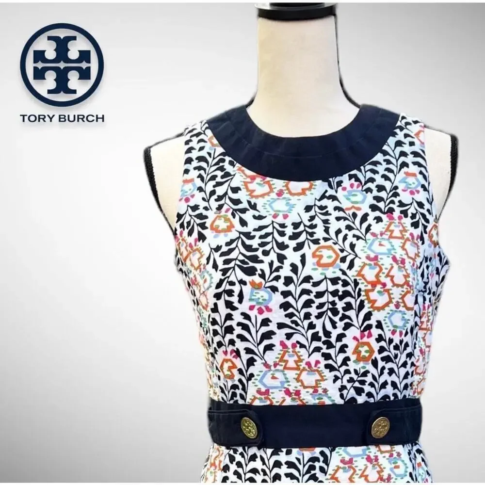 Tory Burch Women's Navy Blue orange Sleeveless Floral Shift Dress Size 8 M